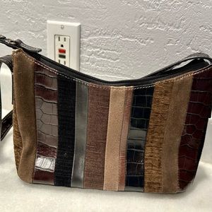 FOSSIL Suede Leather Patchwork Hobo Shoulder Bag Purse-Brown/Black